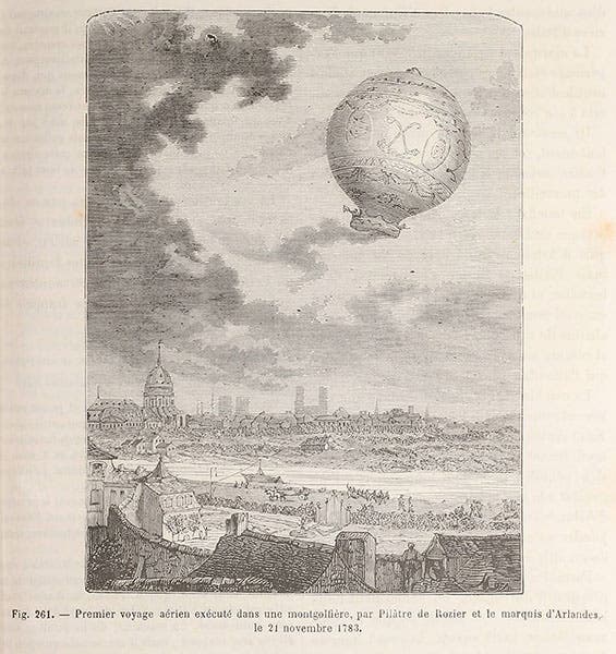 A re-engraving of the first image, enlarging the balloon using information from the third image, in Louis Figuier, Les merveilles de la science, 1867-91 (Linda Hall Library)