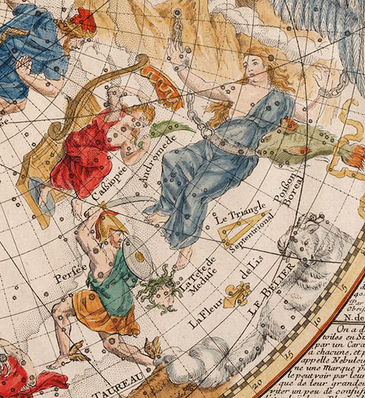 The constellations Perseus, Andromeda, Cassiopeia, detail from <i>Planisphere celeste septentrional</i>, Philippe de La Hire, 1705 (Linda Hall Library)