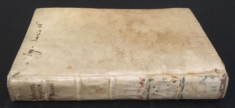 Front cover and spine, Gabriele Beati, Sphaera triplex, artificialis, elementaris, ac caelestis, 1662 (Linda Hall Library)