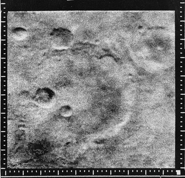 Photograph 11 of Mars surface, taken by Mariner 4, July 14, 1965, showing impact craters (Wikimedia commons)