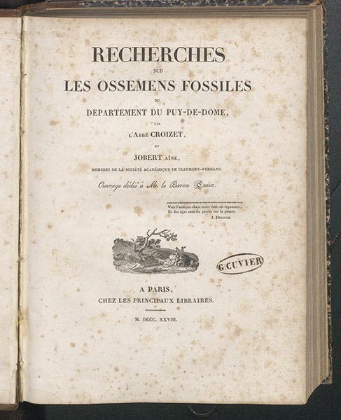 Titlepage, Recherches sur les ossemens fossiles du Département du Puy-de-Dôme, by Jean-Baptiste Croizet and Antoine-Claude Gabriel Jobert, 1828 (Linda Hall Library)