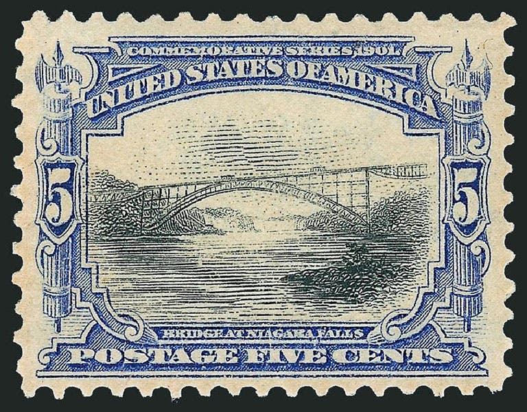 5-cent blue and black “Bridge at Niagara Falls, U.S. postage stamp, Pan-American Exposition issue, 1901, designed by Raymond O. Smith (usphila.com)