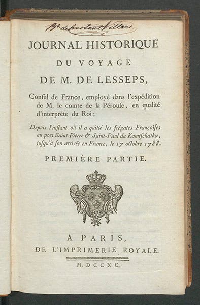 Title page, Barthélemy de Lesseps, Journal historique du voyage, 1790 (Linda Hall Library)