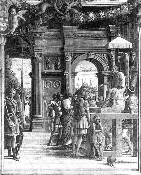 “The Trial of St. James,” wall fresco (destroyed 1944), by Andrea Mantegna, Ovetari Chapel, Church of the Eremitani, Padua; the soldier leaning on the column at left is thought to be a self-portrait of Mantegna (wga.hu)