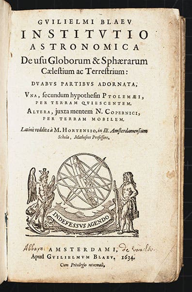 Title page, Willem Janszoon Blaeu, Institutio astronomica, translated into Latin by Martinus Hortensius, 1634 (Linda Hall Library)