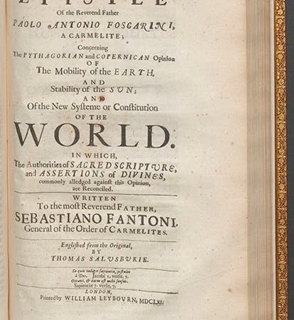 An Epistle of the Reverend Father Foscarini…, 1615, as it appeared, translated into English, in Thomas Salusbury, <i>Mathematical Collections</i>, 1661 (Linda Hall Library)