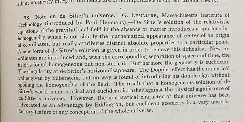 Abstract of paper by Georges Lemaître, 1925, reinterpreting Willem de Sitter’s third paper of 1917, Physical Review, vol. 25, 1925 (Linda Hall Library)