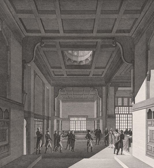The first meeting of the Institute of Egypt, in the harem room of the former palace of Hasân Kâchef in Cairo, Description de l’Égypte. État modern. Planches, vol. 1, pl. 55, 1809-1828 (Linda Hall Library)
