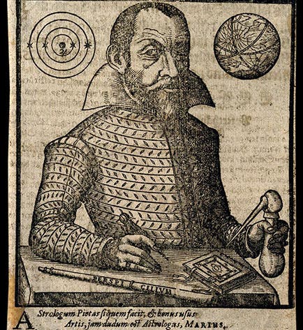 Portrait of Simon Marius, with a telescope and a diagram of the moons of Jupiter, separate printing of the woodblock frontispiece to Mundus jovialis, by Simon Marius, 1614, Wellcome Collection (wellcomnecollection.org)