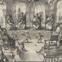 Scene showing 13 Holy Roman Emperors sitting in a circle, awaiting the 14th, Ferdinand IV, detail of frontispiece engraving, Problema Austriacum, by Albert Curtz, 1653 (Linda Hall Library)