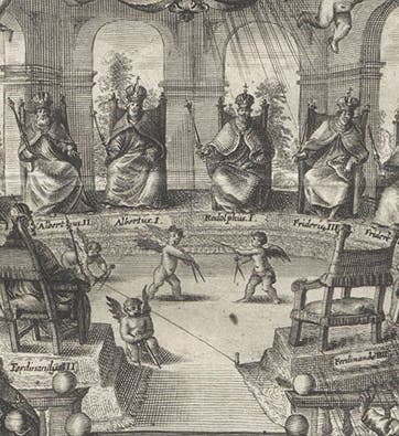 Scene showing 13 Holy Roman Emperors sitting in a circle, awaiting the 14th, Ferdinand IV, detail of frontispiece engraving, Problema Austriacum, by Albert Curtz, 1653 (Linda Hall Library)