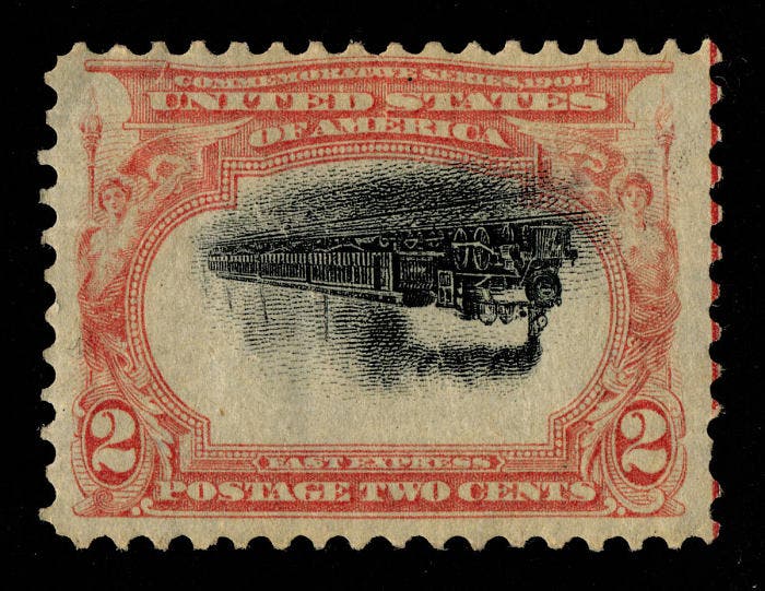 Empire Express Fast Train, invert of 2¢ Pan-American Exposition commemorative stamp, issued May 1, 1901, National Postal Museum (postalmuseum.si.edu)