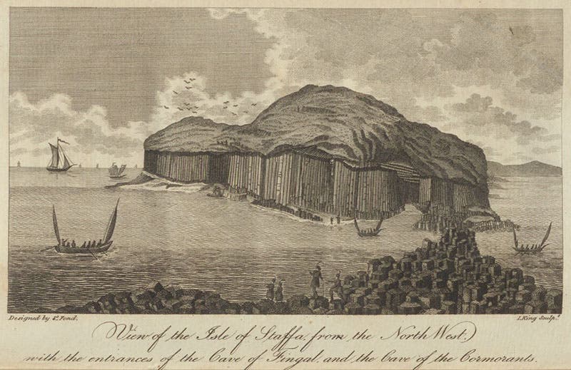 The island of Staffa in the Hebrides, with the basalt formation called Fingal’s Cave at the right, engraving in Travels in England, Scotland, and the Hebrides, by Barthélemy Faujas-de-Saint-Fond, vol. 2, 1799 (Linda Hall Library)