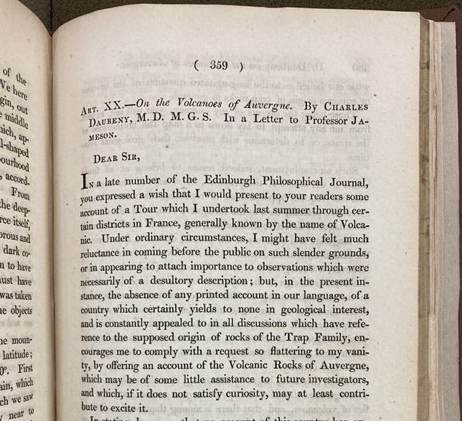 First page of “On the volcanos of Auvergne,” by Charles Daubeny, Edinburgh Philosophical Journal, vol. 3, 1820 (Linda Hall Library)
