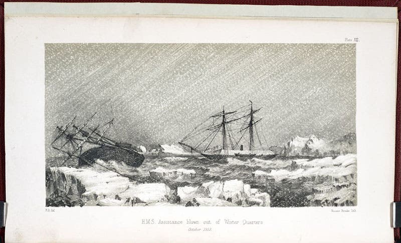 HMS Assistance in trouble heading into its second winter, 1853, chromolithograph, Edward Belcher, The Last of the Arctic Voyages, 1855 (Linda Hall Library)