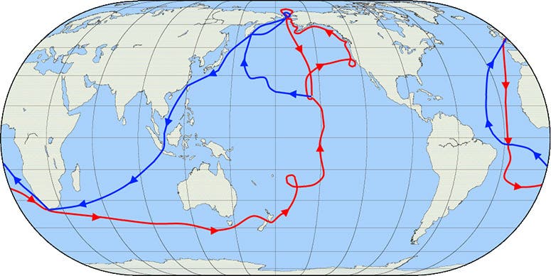 Map of third voyage of Captain James Cook; portion in red is before Cook was killed; portion in blue marks return route after Cook’s death (Wikimedia commons)