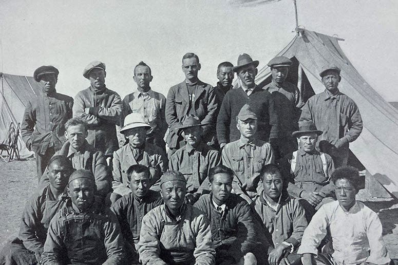 Group photo of the 1923 Central Asiatic Expedition; Peter Kaisen is at the right of the second row (Roy Chapman Andrews is in the center of that row), in The New Conquest of Central Asia: A Narrative of the Explorations of the Central Asiatic Expeditions…, by Roy Chapman Andrews; 1932 (Linda Hall Library)