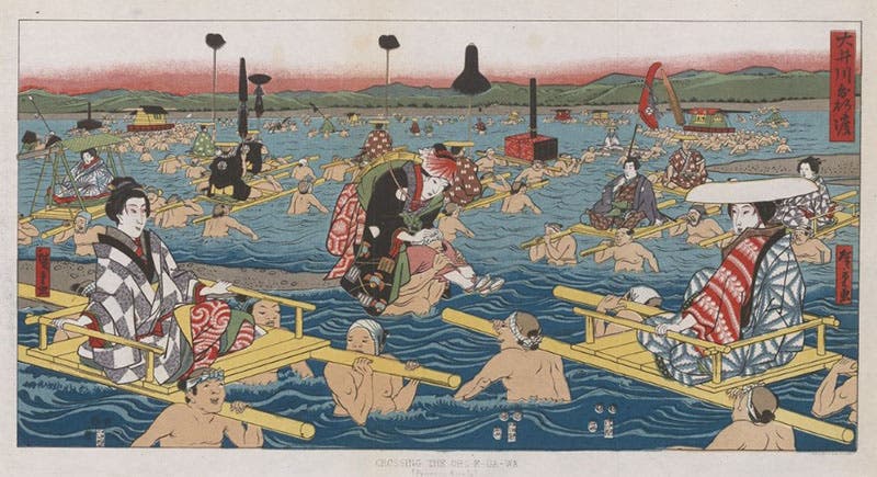 “Crossing the Oho-E-Ga-Wa,” copy of a Japanese woodblock print, chromolithograph, in Francis L, Hawks, Narrative of the Expedition of an American Squadron to the China Seas and Japan, vol. 1, 1856 (Linda Hall Library)