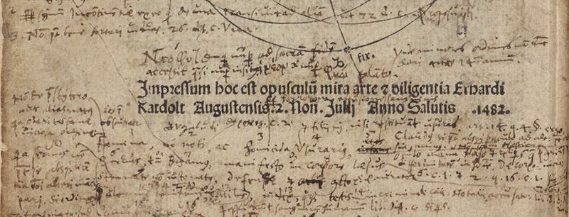 Colophon, detail of eighth image, showing Venice, Erhard Ratdolt, and 1482 as the place, publisher, and date of publication, Sphaera mundi, by Johannes de Sacobosco, 1482 (Linda Hall Library)