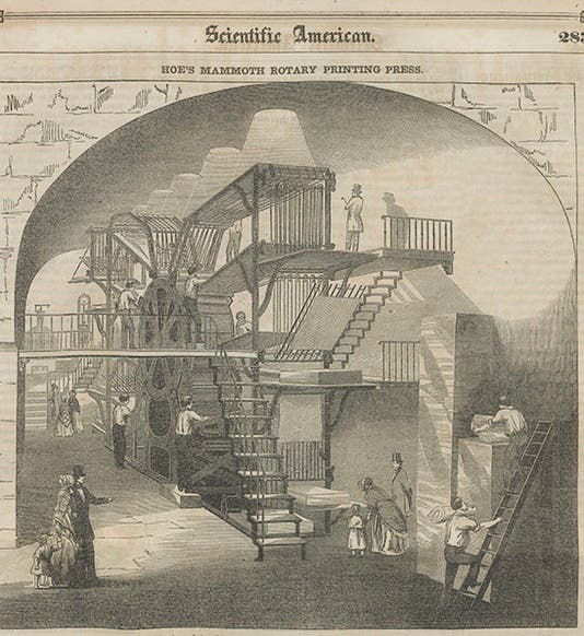 Rotary press built by Richard Hoe for the <i>New York Sun</i>, wood engraving, <i>Scientific American</i>, 1851 (Linda Hall Library)