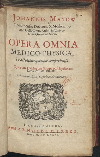 Title page, John Mayow, Opera omnia, medico-physica, tractatus quinque comprehensa, 1681 (Linda Hall Library)