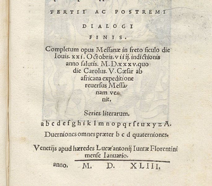 Colophon, showing that the manuscript was finished in Messina in 1535, and printed in Venice in 1543, Cosmographia, by Francesco Maurolico, 1543 (Linda Hall Library)