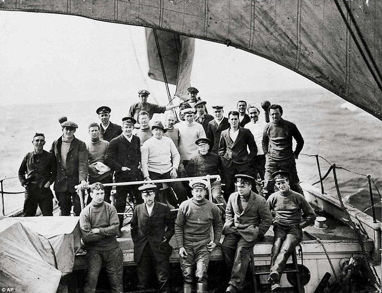 Group photo of the crew of the Endurance, 1915; Harry McNish is in the second row from the top, at far left, in what looks like a yachting cap; this is the source for most of the blurry cropped photos one sees of McNish alone (dailymail.co.uk)