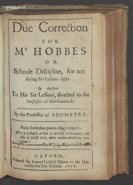 Title page of John Wallius’s second treatise attacking Thomas Hobbes, Due correction for Mr Hobbes, 1656 (Linda Hall Library)
