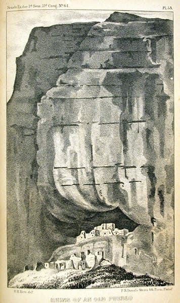 Canyon de Chelly, lithograph after drawing by Richard Kern, Reconnaissances of Routes from San Antonio to El Paso ... and the Report of Lieut. J. H. Simpson of an Expedition into Navajo Country, p. 53, 1850 (Linda Hall Library)