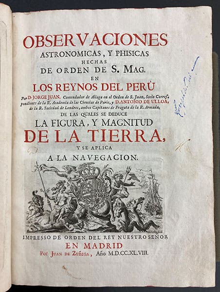 Title page, Jorge Juan y Santacilia and Antonio de Ulloa, Observaciones astronomicas, y phisicas, 1748 (Linda Hall Library)