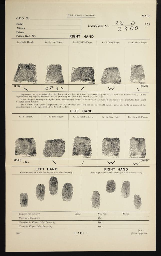 Ten-print fingerprint card based on the Henry Classification System. Image source: Henry, E. R. Classification and Uses of Finger Prints, 7th ed. Chicago Medical Book Company, 1934. View Source
