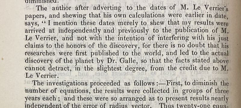 Disclaimer of John Couch Adams at being a co-discoverer of Neptune, in his paper, “An explanation of the observed Irregularities in the Motion of Uranus…, Monthly Notices of the Royal Astronomical Society, vol. 7, p. 150, 1846 (Linda Hall Library)