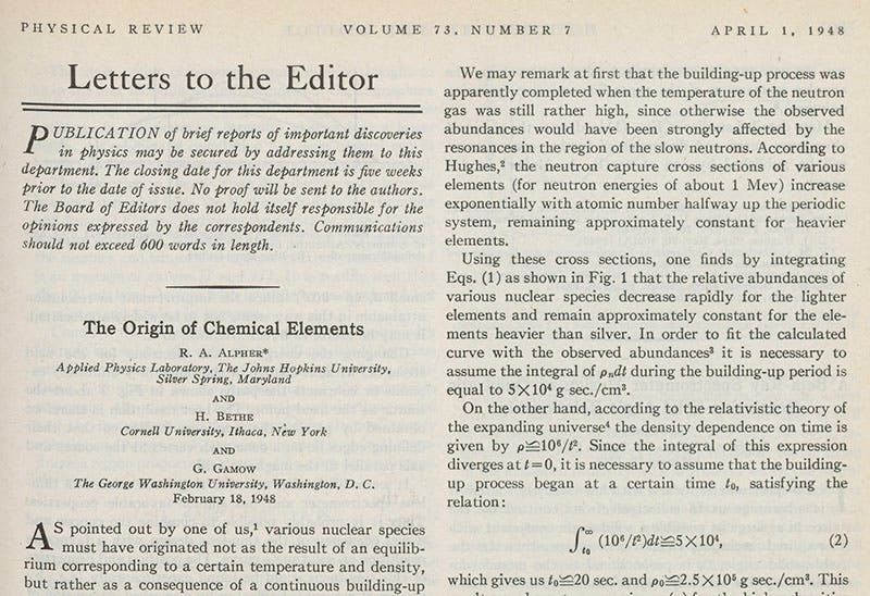 Detail of first page of paper by George Gamow and Ralph Alpher, with Hans Bethe’s name added by Gamow as co-author to make this an “alpha-beta-gamma” paper, Physical Review, 1948 (Linda Hall Library)