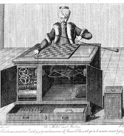 The Turk, a chess-playing pseudo-automaton, engraving, 1783 (Wikipedia)