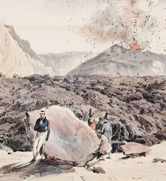 Detail of second image, depicting Auldjo himself in the white pants, leaning on a rock and contemplating (without looking at) a spewing lava dome (Linda Hall Library)