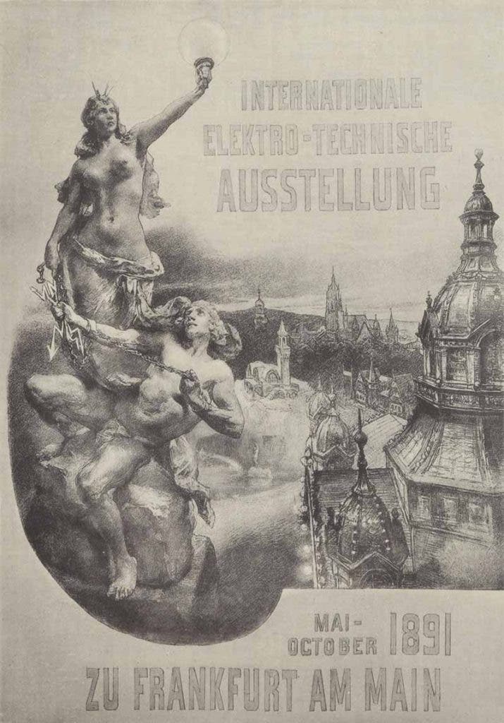 Poster promoting the International Electrotechnical Exhibition in Frankfurt am Main, from Offizieller Bericht über die Internationale elektrotechnische Ausstellung in Frankfurt am main, 1891 (Linda Hall Library)