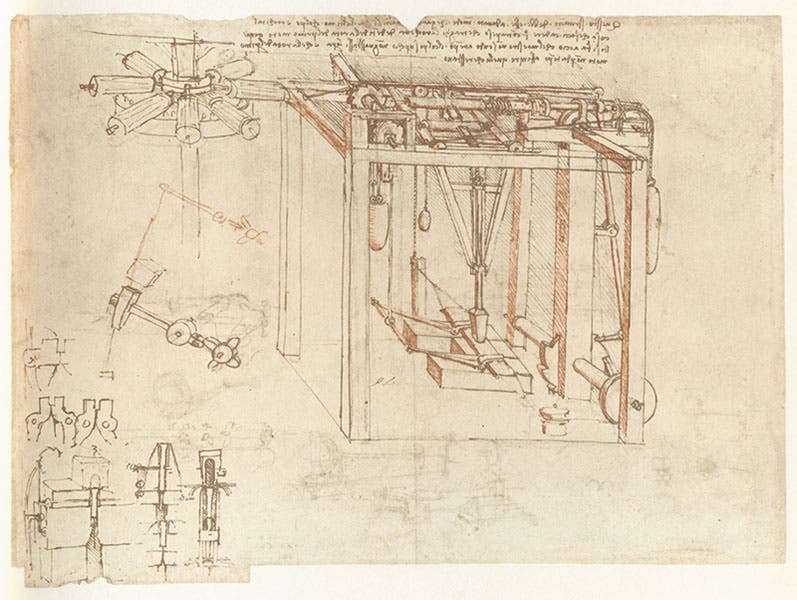 A machine for making gold foil, drawing by Leonardo da Vinci, 1480, fol. 29r of the Codex Atlanticus, facsimile, 1973 (Linda Hall Library)