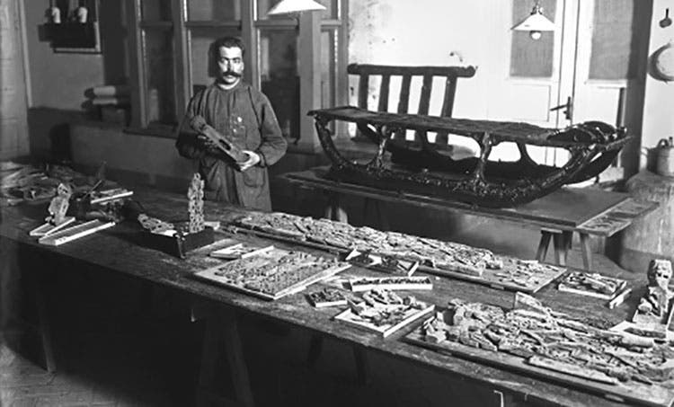 Wooden artifacts from the Oseberg ship burial receiving alum treatment, photograph, undated but probably before 1910 (Museum of Cultural History, University of Oslo)