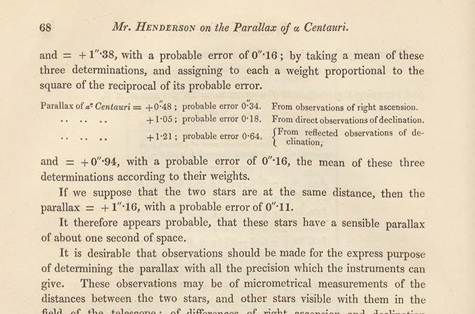 Detail of last page of paper by Thomas Henderson, where the parallax of α Centauri was announced as “about one second of space,” Memoirs of the Royal Astronomical Society, vol. 11, 1840 (Linda Hall Library)