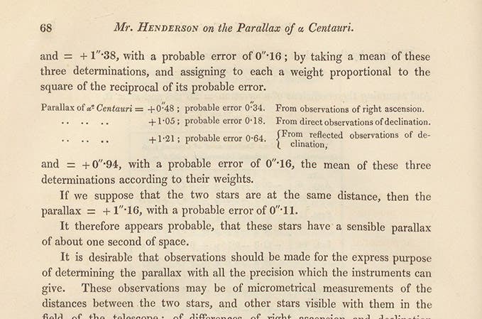Detail of last page of paper by Thomas Henderson, where the parallax of α Centauri was announced as “about one second of space,” Memoirs of the Royal Astronomical Society, vol. 11, 1840 (Linda Hall Library)