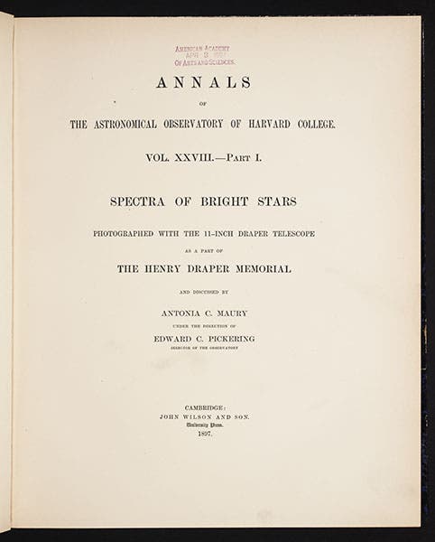 Title page of Antonia Maury’s “Spectra of Bright Stars,” Annals of Harvard College Observatory, vol. 28, 1897 (Linda Hall Library)