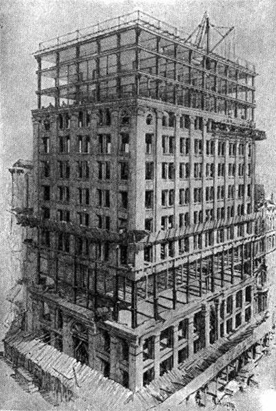 New York Life Insurance Building in Chicago, designed by William Le Baron Jenney, completed with 12 stories in 1894, here shown under construction, revealing the steel skeletal frame (Wikimedia commons)