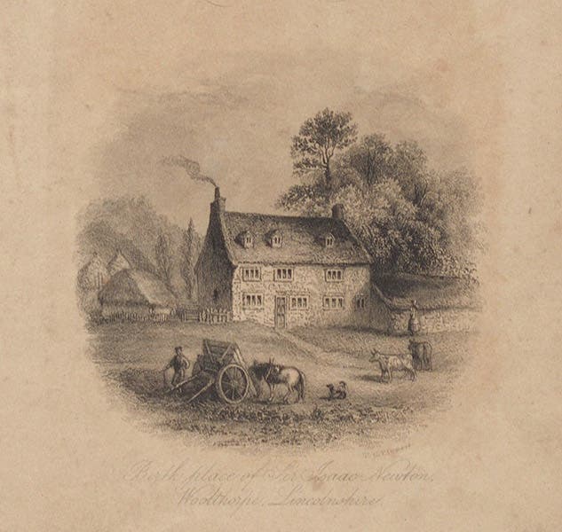 Newton’s birthplace, engraved half-title vignette, Denison Olmsted, The Mechanism of the Heavens, 1850 (Linda Hall Library)