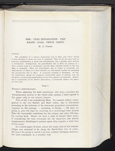 First page of a paper by Gaetano Crocco, “One-year exploration-trip- Earth–Mars–Venus–Earth,” in Proceedings of the VIIth International Astronautical Congress, Rome, 1956 (Linda Hall Library)