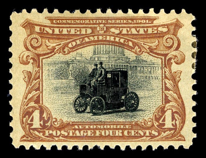 Electric Automobile, 4¢ Pan-American Exposition commemorative stamp, issued May 1, 1901, National Postal Museum (postalmuseum.si.edu)