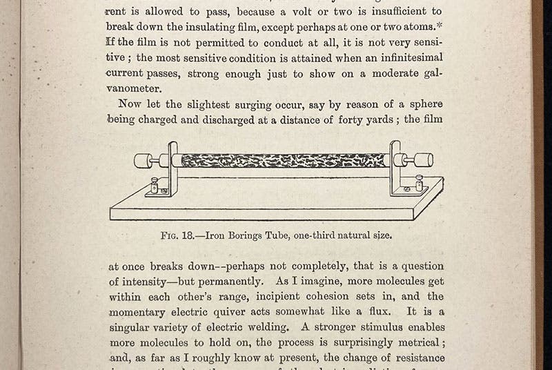 Diagram of an iron-filings coherer for detecting electromagnetic waves, wood engraving in The Work of Hertz and his Successors, by Oliver Lodge, 2nd ed., 1897 (Linda Hall Library)