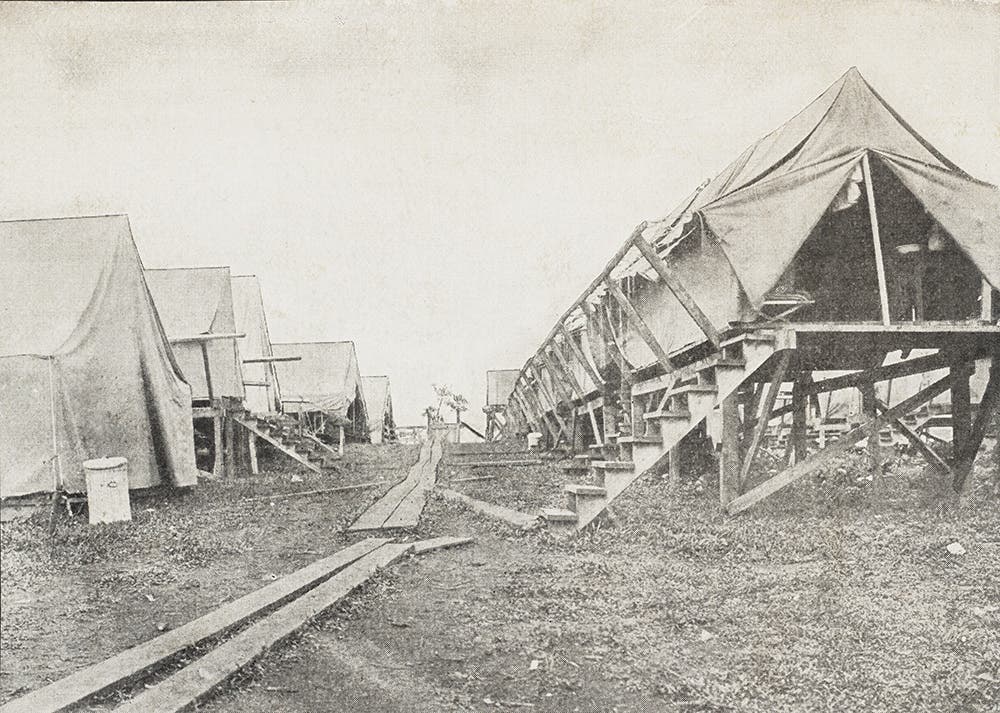 Workmen’s Camp at Gatun, 1906. A.B.
Nichols led one of the first groups of surveyors to the Canal. Arriving May 31, 1904, and finding no habitable buildings, the party erected a “shack in the tropical style” in which they lived for almost a year. During the next few years, entire communities would be built to house, support, and entertain the workforce.  View in Digital Collection »