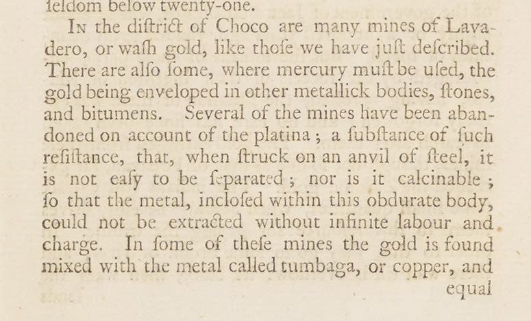 A paragraph of text discussing gold and silver mines in Peru, in which platina (platinum) is mentioned, A Voyage to South America, by Jorge Juan y Santacilia and Antonio de Ulloa, 2nd Engl. ed., vol. 1, p. 471, 1760 (Linda Hall Library)