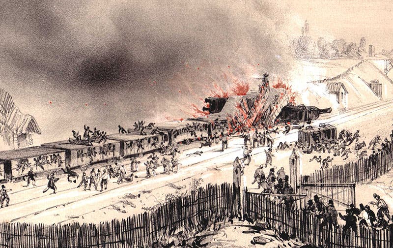 The Versailles rail accident of May 8, 1842, in which Jules Dumont d’Urville and his family were killed, contemporary lithograph (Wikimedia commons)