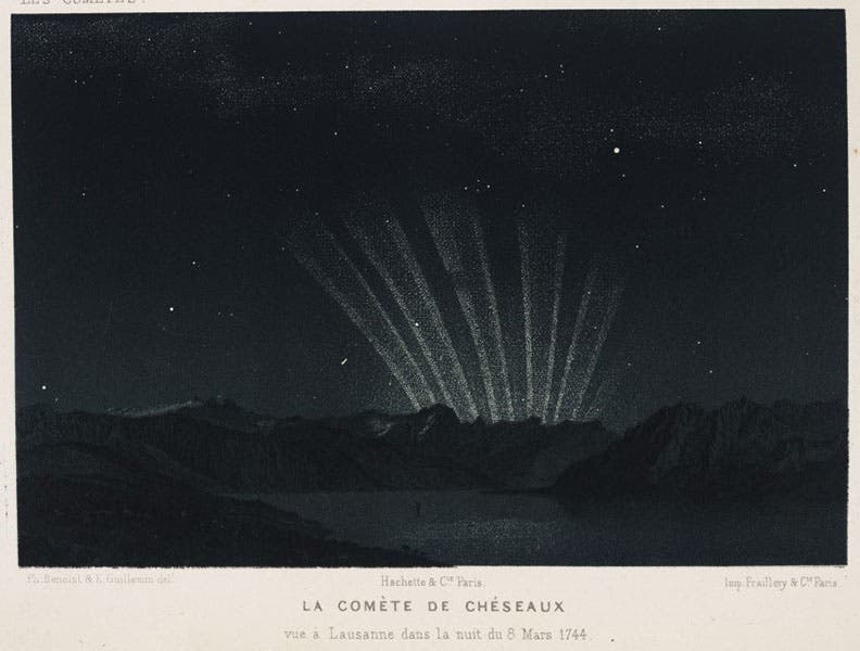 Cheseaux’s comet, detail of a colored lithograph, in Amédée Guillemin, The World of Comets, 1877 (Linda Hall Library)